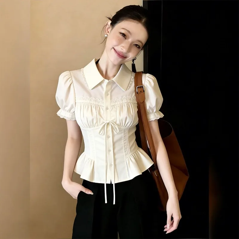Shirts Women Turn Down Collar Summer Fashion Elegant Vintage Bandage Lace Patchwork Crop Tops Female Casual Blouse
Shirts Women Turn Down Collar Summer Fashion Elegant Vintage Bandage Lace Patchwork Crop Tops Female Casual Blouse