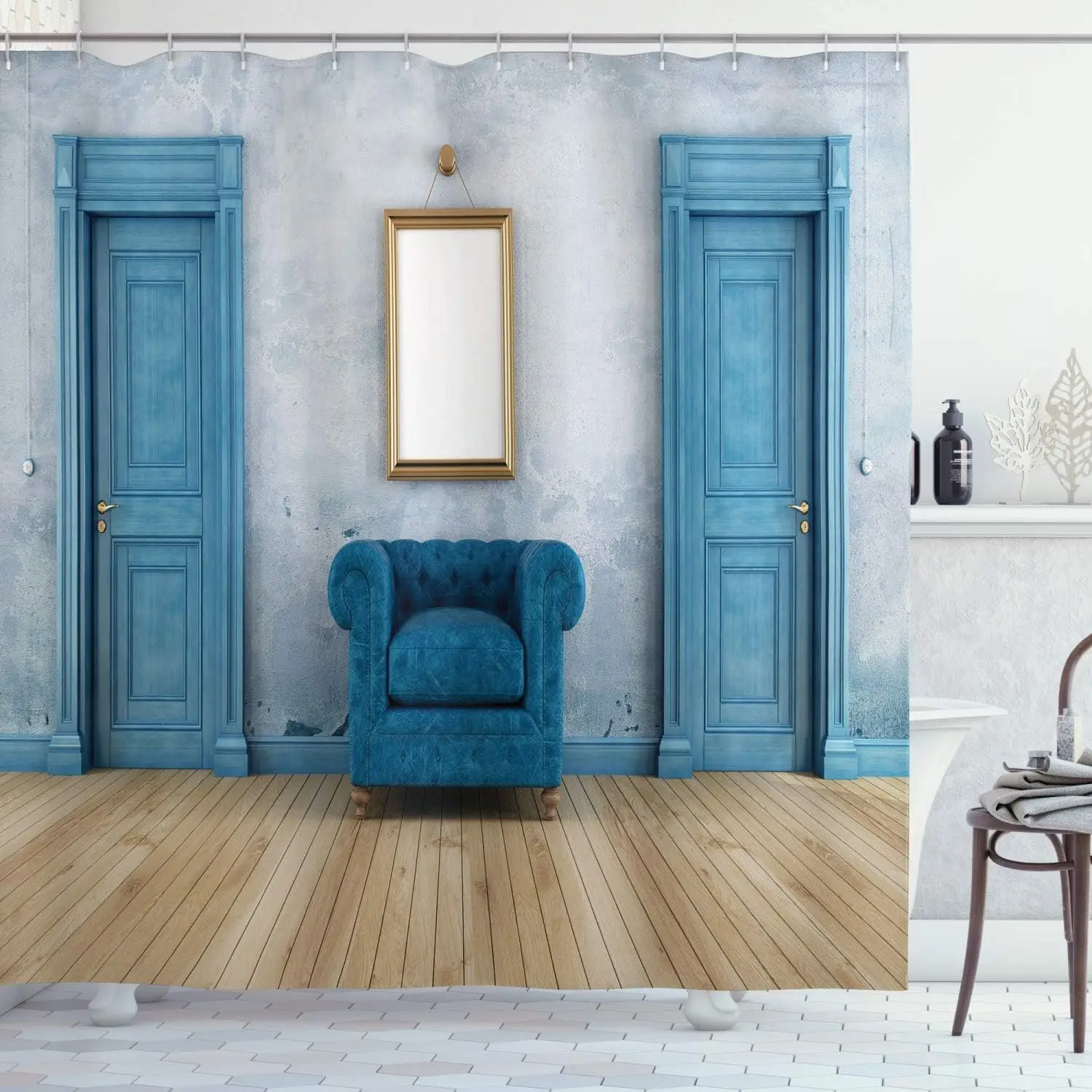 Синяя занавеска для душа с винтажными дверями и стулом, классический дизайн интерьера, водонепроницаемая ткань, декор для ванной комнаты, художественный принт
Синяя занавеска для душа с винтажными дверями и стулом, классический дизайн интерьера, водонепроницаемая ткань, декор для ванной комнаты, художественный принт