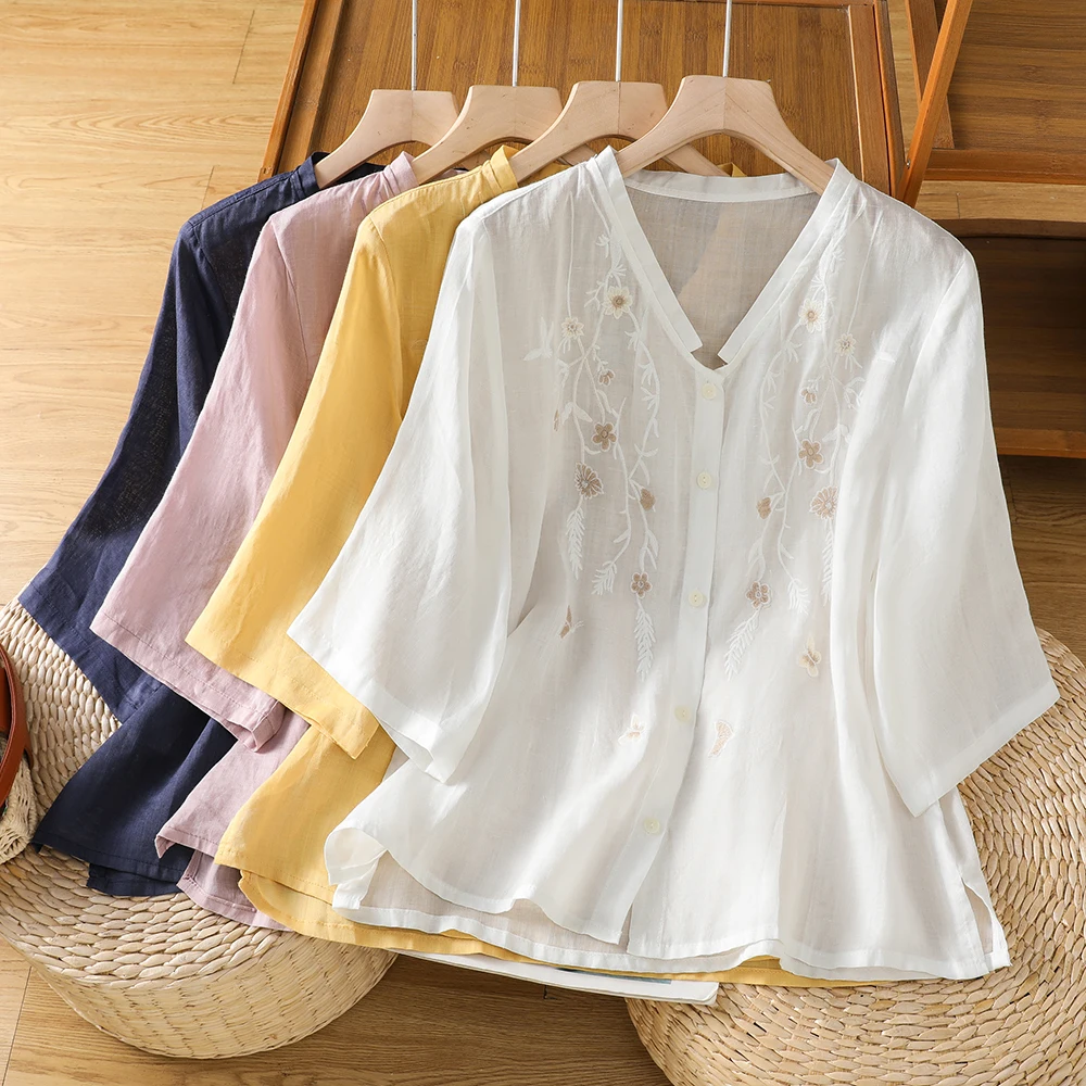 Summer Loose Fit Cotton Linen Blend Short Sleeve Embroidered Shirt Women's Versatile Style Bubble Sleeve Thin Medium Length Top
Summer Loose Fit Cotton Linen Blend Short Sleeve Embroidered Shirt Women's Versatile Style Bubble Sleeve Thin Medium Length Top