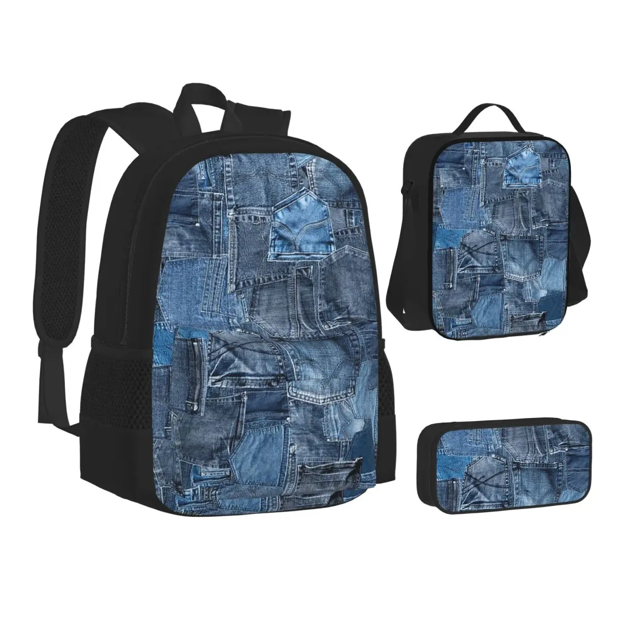 Blue Denim Jeans Pocket Patchwork Backpacks Bookbag Students School Bags Kids Rucksack Lunch Bag Pen Bag Three-Piece Set
Blue Denim Jeans Pocket Patchwork Backpacks Bookbag Students School Bags Kids Rucksack Lunch Bag Pen Bag Three-Piece Set