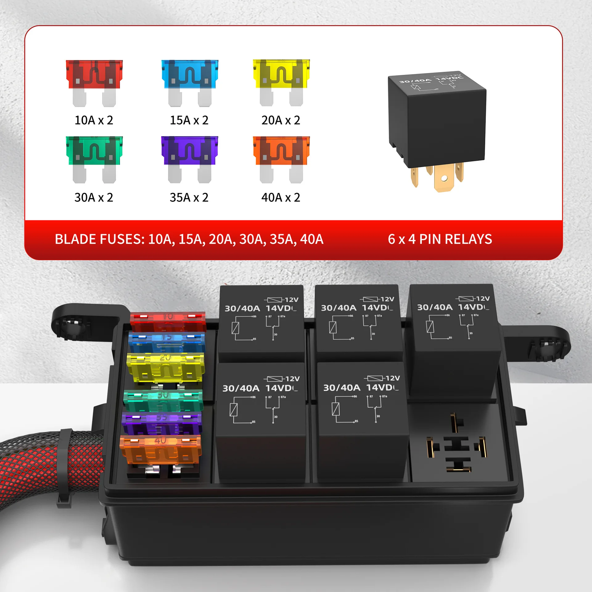 Auto Modified Fuse 12V Relay Box 6 Way Relay Fuse Box 12 AWG Pre-wired Waterproof 6 Slot ATC/ATO Fuse Relay Block for Car Marine
Auto Modified Fuse 12V Relay Box 6 Way Relay Fuse Box 12 AWG Pre-wired Waterproof 6 Slot ATC/ATO Fuse Relay Block for Car Marine