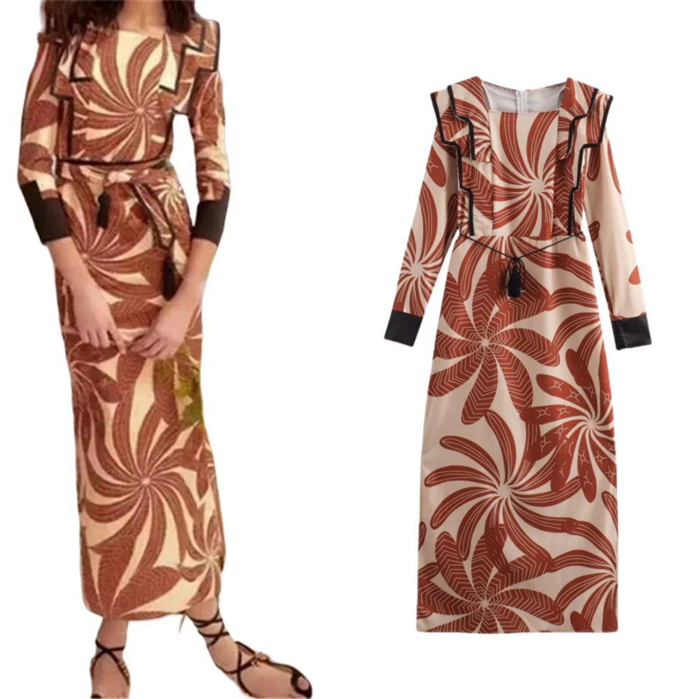 BM&MD&ZA 2024 summer women's new simple high-end elegant commuter long skirt printed square neck tassel waist dress 
BM&MD&ZA 2024 summer women's new simple high-end elegant commuter long skirt printed square neck tassel waist dress