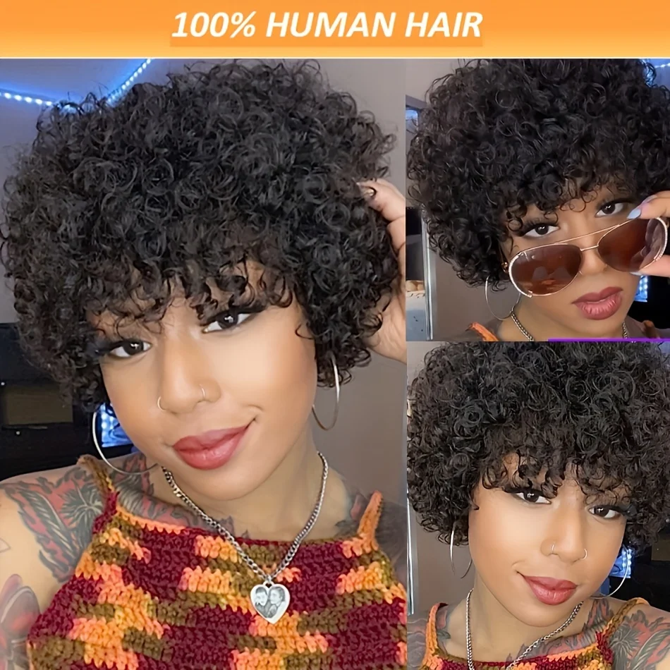 Short Afro Curly Pixie Cut Human Hair Wigs with Bangs for Women Full Machine Made Wig Natural Black Color
Short Afro Curly Pixie Cut Human Hair Wigs with Bangs for Women Full Machine Made Wig Natural Black Color