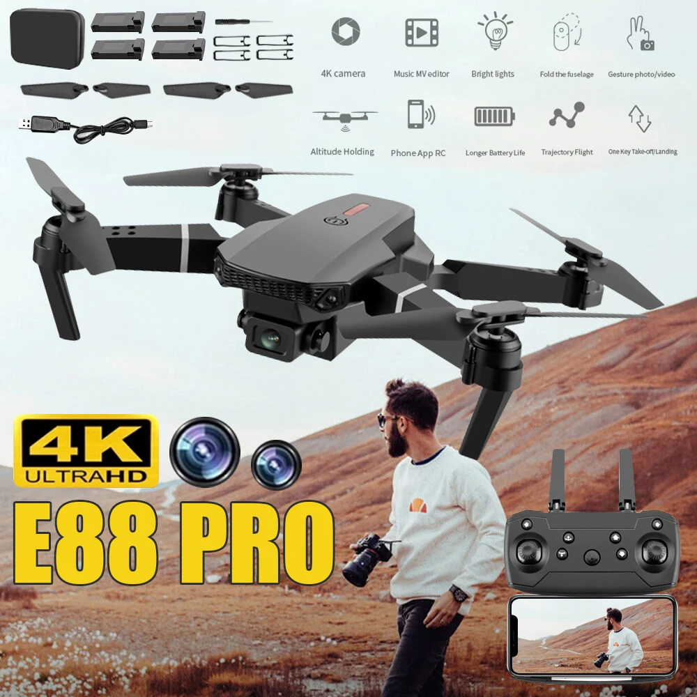 E88 PRO dual camera avoid remote control drone 4K Professional Edition is equipped with 2/4 battery 1080p wide-angle HD camera.
E88 PRO dual camera avoid remote control drone 4K Professional Edition is equipped with 2/4 battery 1080p wide-angle HD camera.