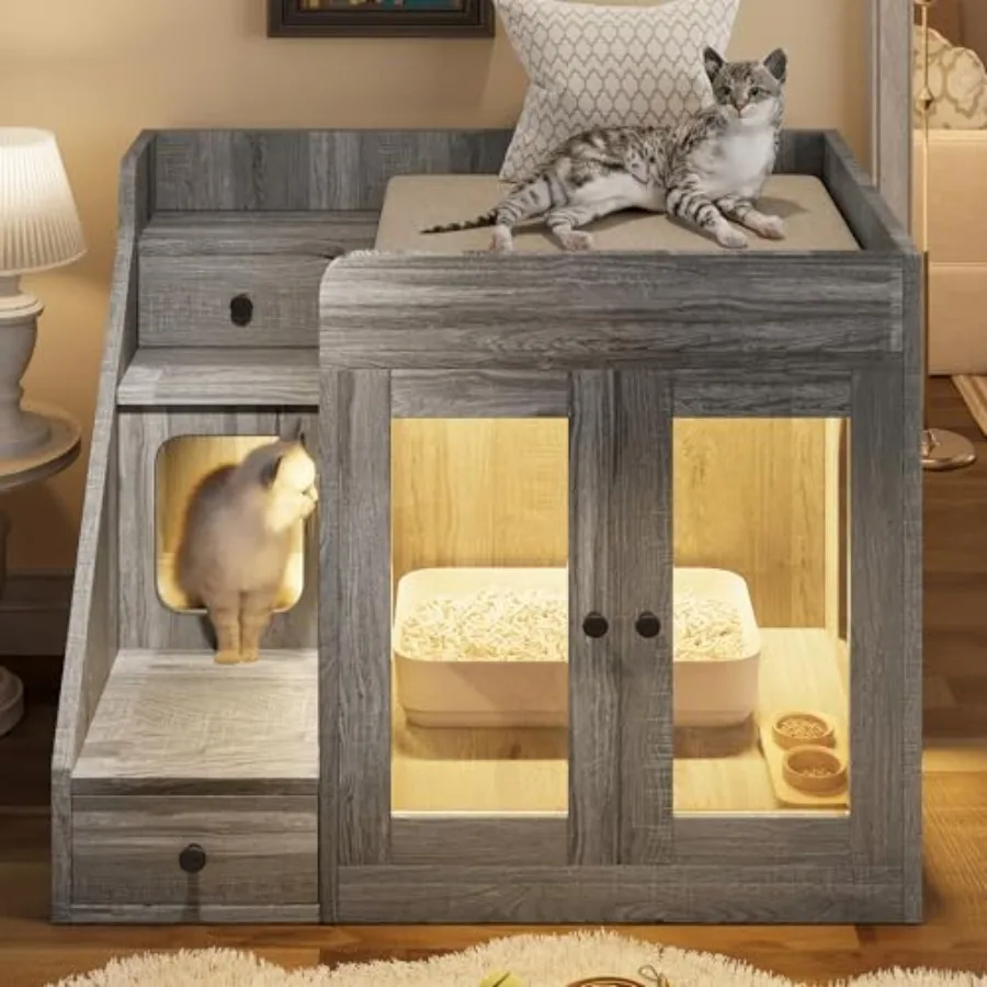 Cat Litter Box Enclosure Furniture with Light, Hideaway Litter Box Furniture with 2 Storage Drawers for Living Room, Gray
Cat Litter Box Enclosure Furniture with Light, Hideaway Litter Box Furniture with 2 Storage Drawers for Living Room, Gray