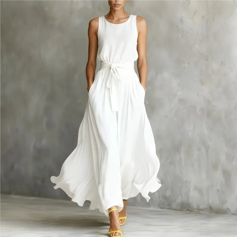 New Summer Elegant Women's O-neck Sleeveless Long Dresses Woman's Waist-tie Long Skirt Temperament Holiday Style Dress Vestidos
New Summer Elegant Women's O-neck Sleeveless Long Dresses Woman's Waist-tie Long Skirt Temperament Holiday Style Dress Vestidos