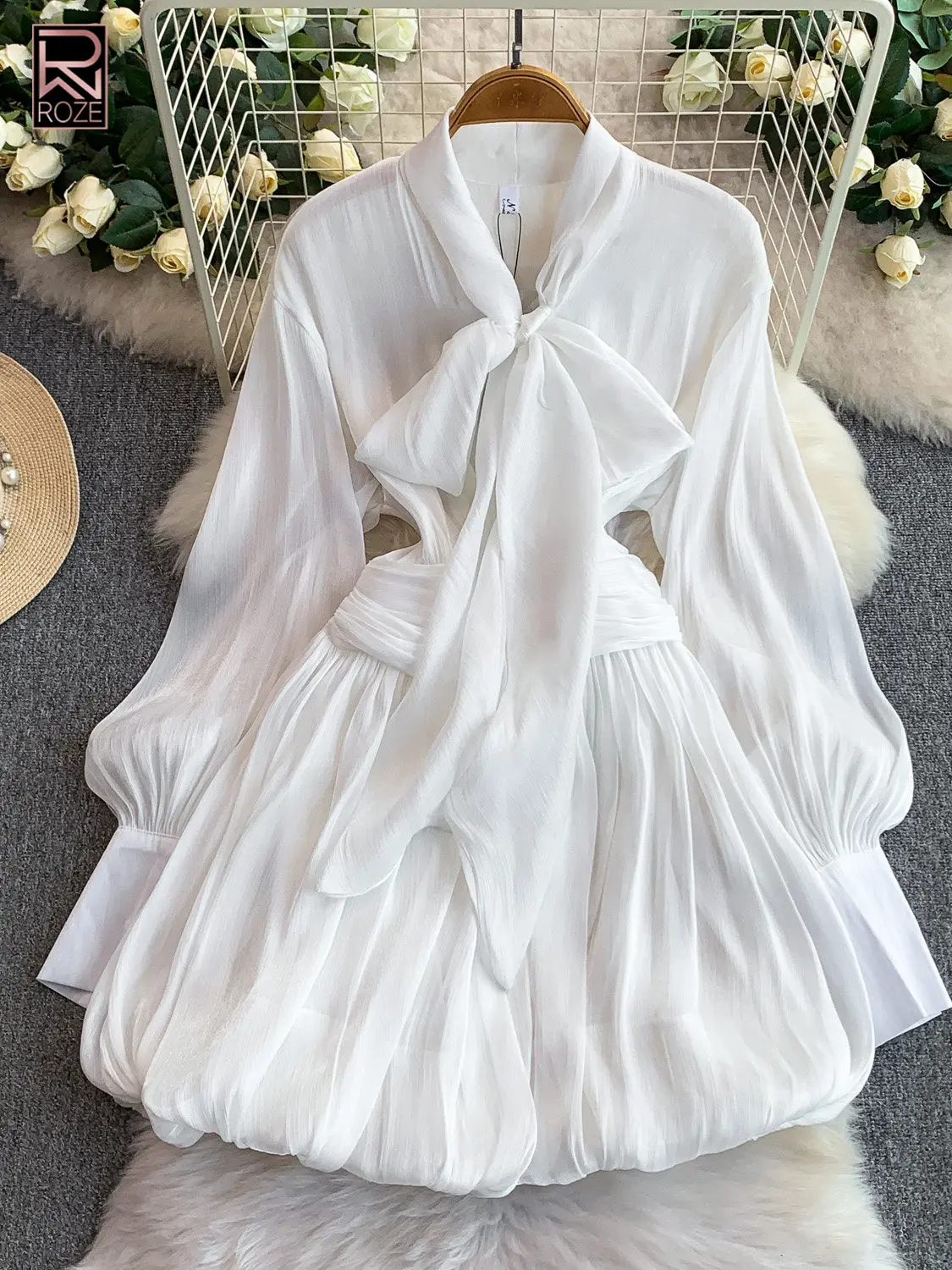 French Elegant Bow Detail V-Neck Dress with Lantern Sleeves, Pleated Waist and Blooming Peplum Hem for Women's Formal Attire
French Elegant Bow Detail V-Neck Dress with Lantern Sleeves, Pleated Waist and Blooming Peplum Hem for Women's Formal Attire