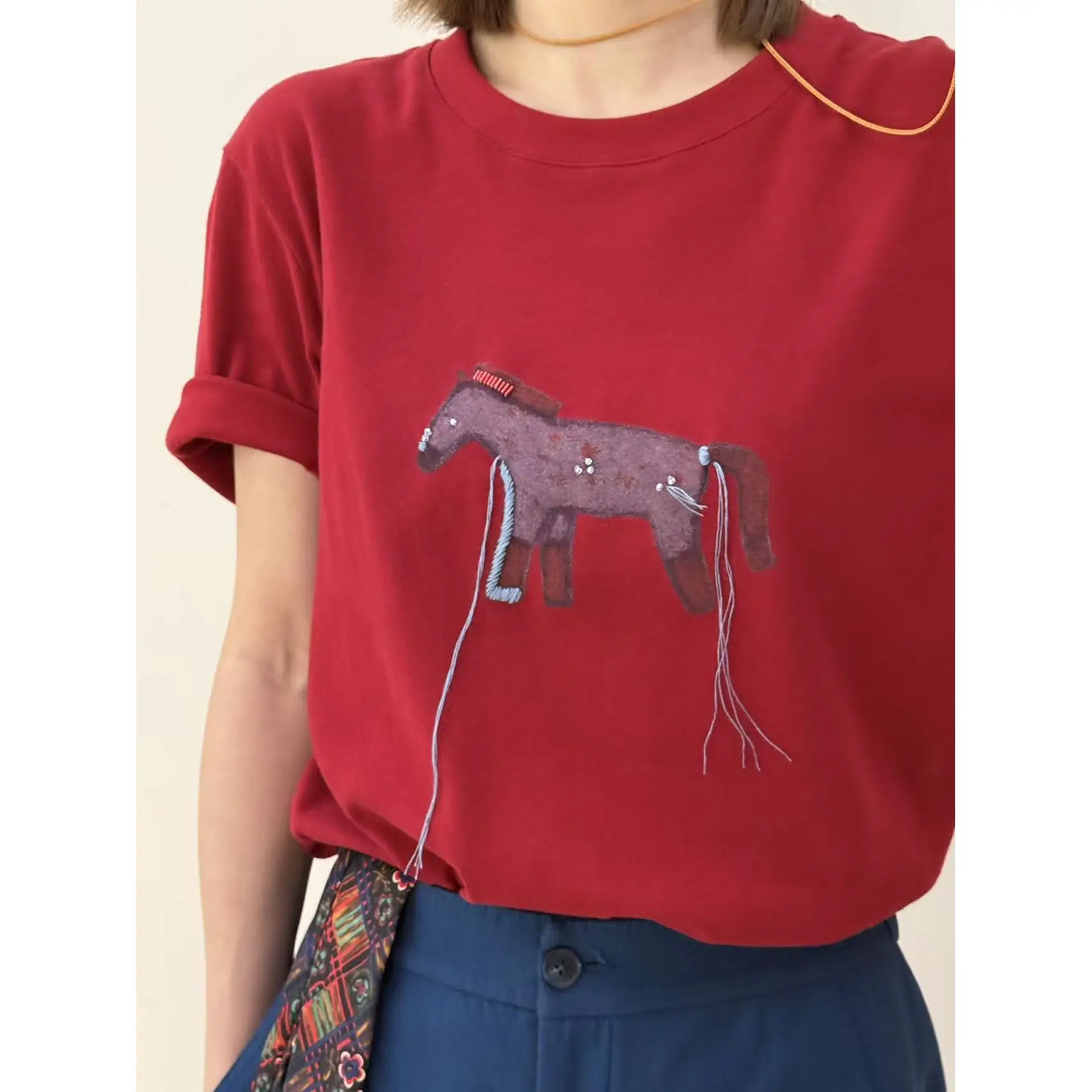 Bodhl Red ort Sve T-irt Women's Faion Print Casual round Ne Cotton Top for New Year Youthful Sle
Bodhl Red ort Sve T-irt Women's Faion Print Casual round Ne Cotton Top for New Year Youthful Sle