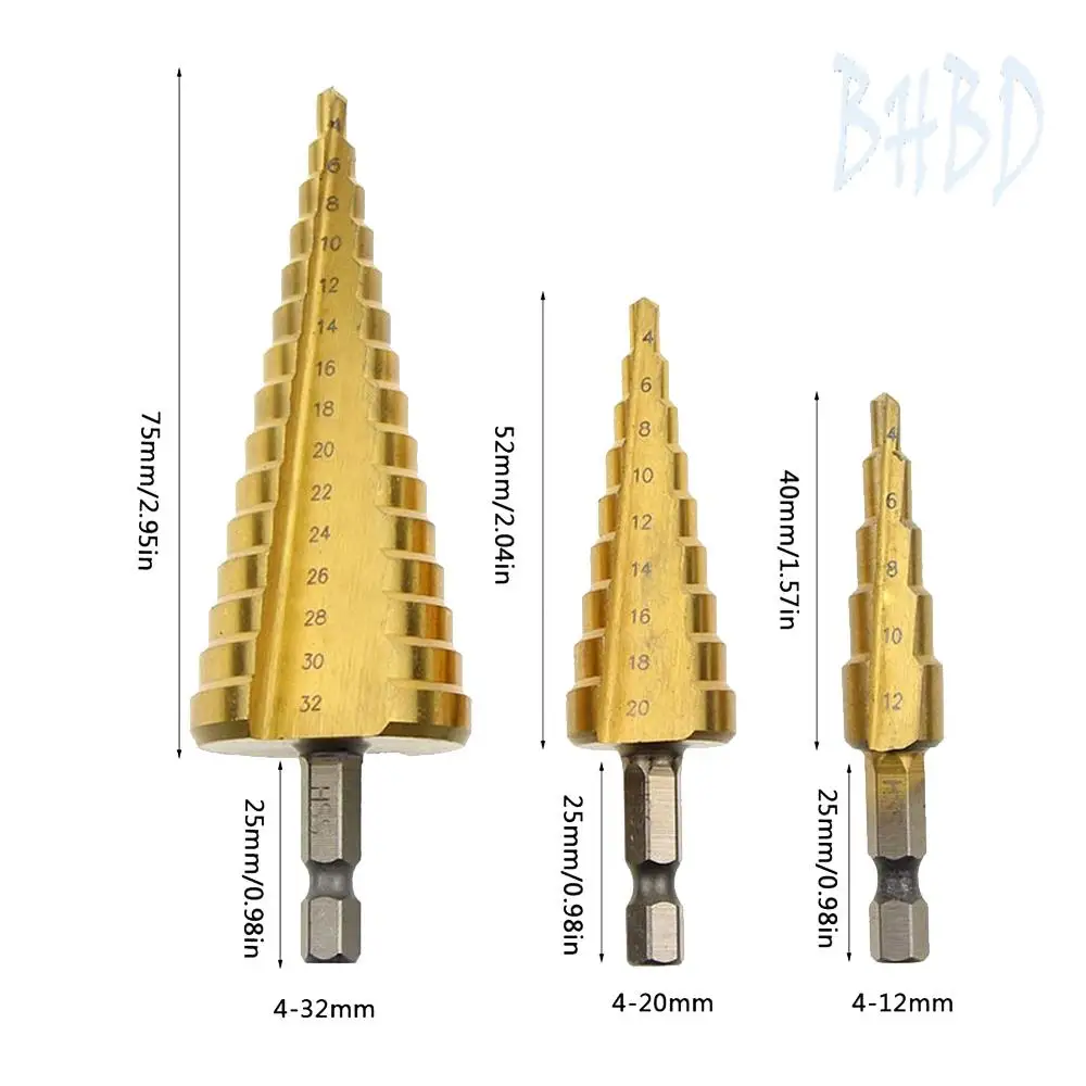 BHBD-HSS Step Drill Bit Set Of 3, 4-12Mm 4-20Mm 4-32Mm Cone Titanium Wood Metal Hole Cutter Hex Shank Drive Quick Change Tool
BHBD-HSS Step Drill Bit Set Of 3, 4-12Mm 4-20Mm 4-32Mm Cone Titanium Wood Metal Hole Cutter Hex Shank Drive Quick Change Tool