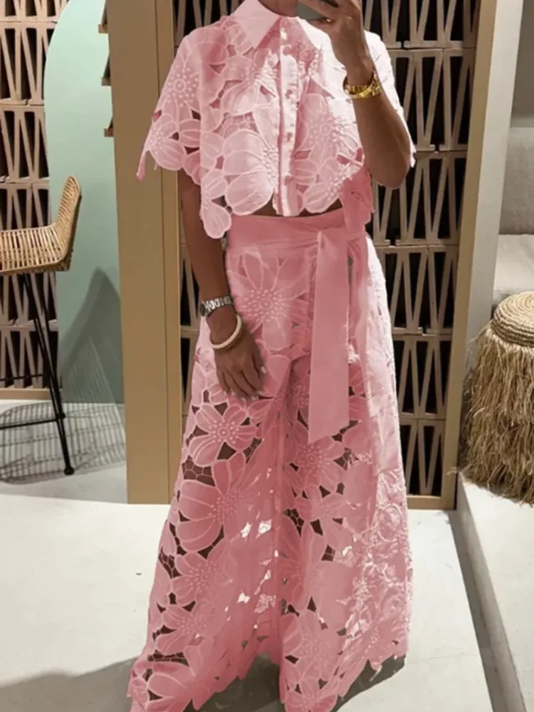 Hollow-out Cropped Top Set Women Elegant Short Sleeve Single Breasted Loose Shirt Wide-leg Pants Sets 2026 Lady Vacation Outfit
Hollow-out Cropped Top Set Women Elegant Short Sleeve Single Breasted Loose Shirt Wide-leg Pants Sets 2026 Lady Vacation Outfit