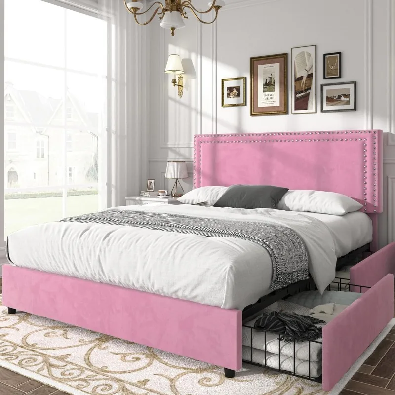 Queen Size Upholstered Platform Bed Frame with 4 Storage Drawers, Adjustable Velvet Rivet Decor Headboard, Wooden Slats S
Queen Size Upholstered Platform Bed Frame with 4 Storage Drawers, Adjustable Velvet Rivet Decor Headboard, Wooden Slats S
