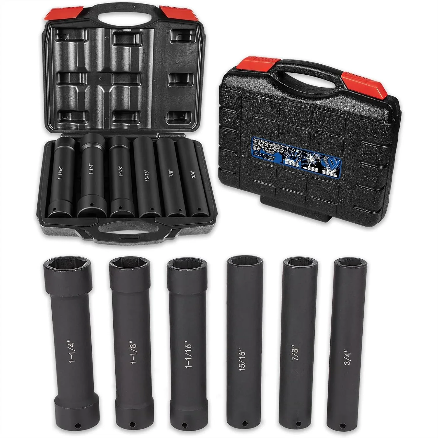 1/2 Inch Drive Extended Length Impact Socket Set 6 Sizes - Extra-Deep Heavy Duty with Case
1/2 Inch Drive Extended Length Impact Socket Set 6 Sizes - Extra-Deep Heavy Duty with Case