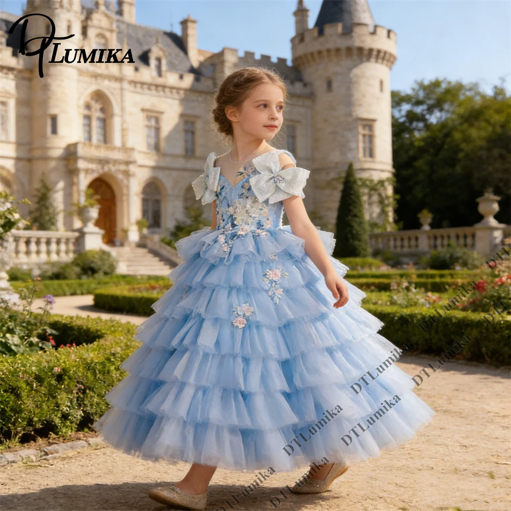 DTLumika - Light Blue Layered Tulle Flower Girl Dress with Floral Appliqué and Bow Shoulders for Wedding Birthday Princess Gown
DTLumika - Light Blue Layered Tulle Flower Girl Dress with Floral Appliqué and Bow Shoulders for Wedding Birthday Princess Gown