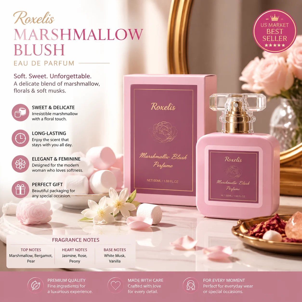 Roxelis Marshmallow Blush Perfume 50ml - Sweet Vanilla Fragrance For Women - Long Lasting Romantic Scent - Birthday Valentine Gift For Her
Roxelis Marshmallow Blush Perfume 50ml - Sweet Vanilla Fragrance For Women - Long Lasting Romantic Scent - Birthday Valentine Gift For Her