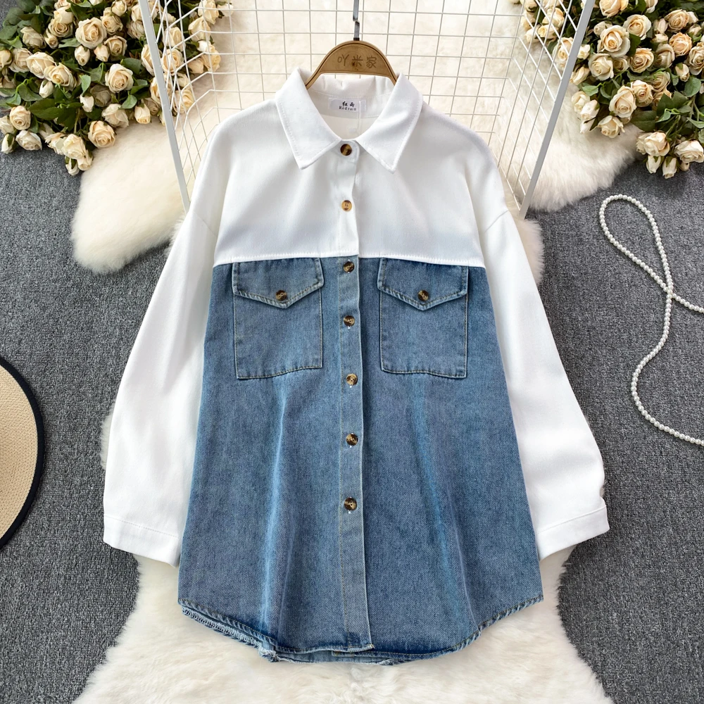Korean Style Patchwork Denim Shirts Autumn Turn-down Collar Long Sleeve Women Blouse Casual Single Breasted Tops Female
Korean Style Patchwork Denim Shirts Autumn Turn-down Collar Long Sleeve Women Blouse Casual Single Breasted Tops Female