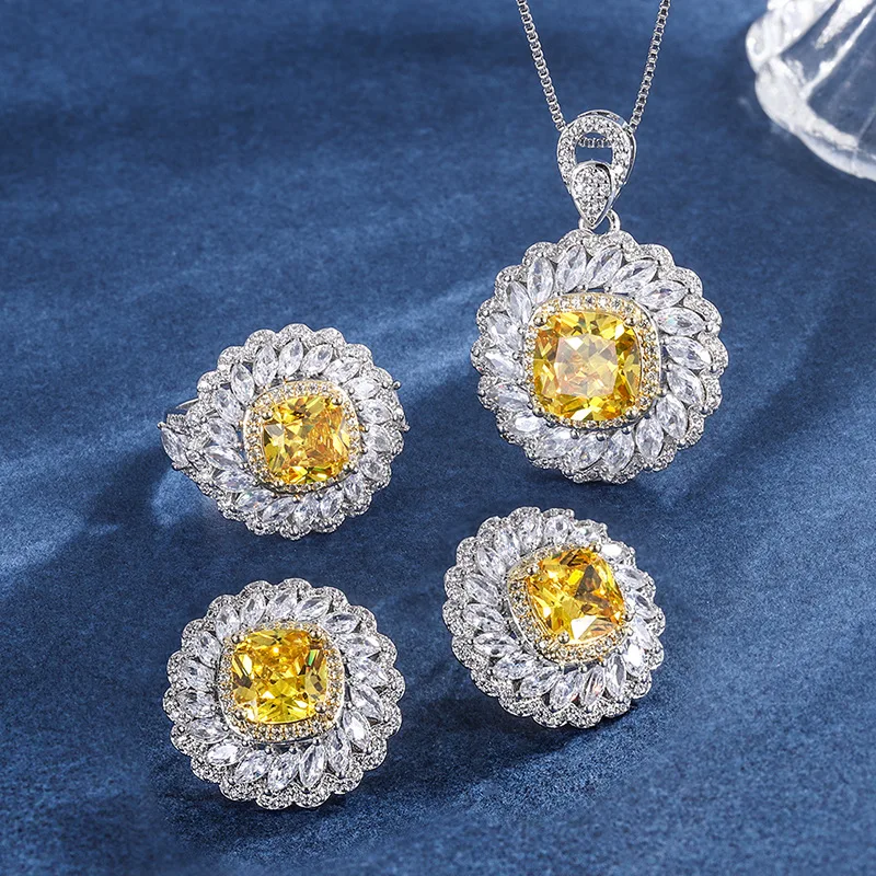 New European and American style vintage yellow diamond square luxury inlaid pendant earrings ring jewelry set
New European and American style vintage yellow diamond square luxury inlaid pendant earrings ring jewelry set