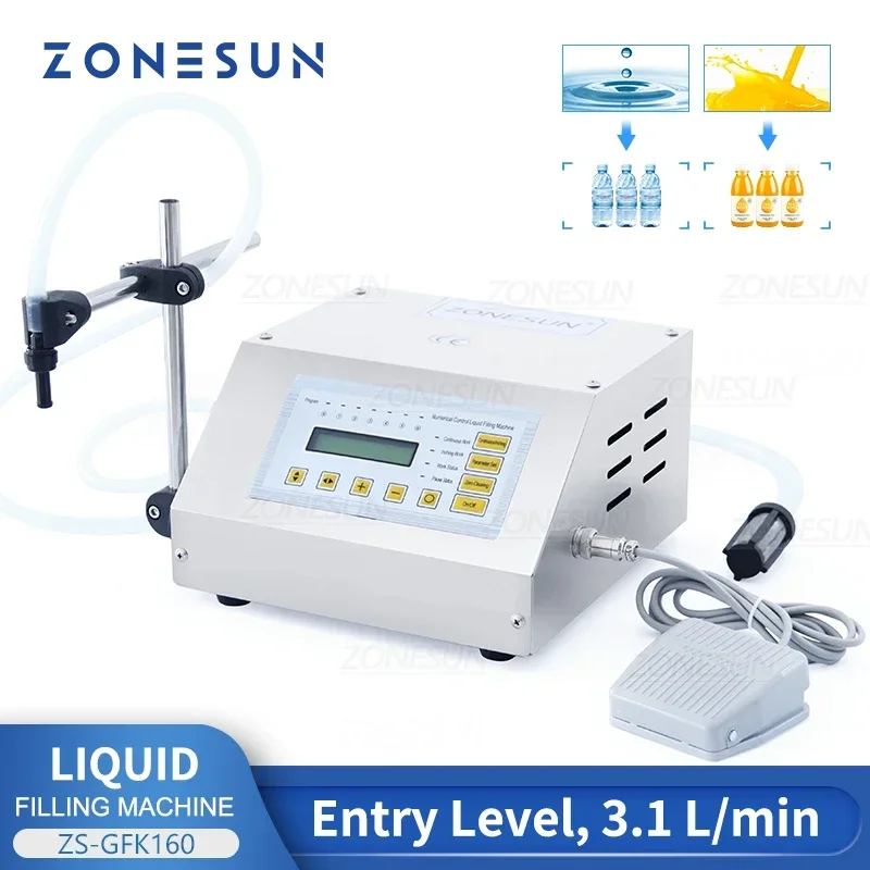 ZONESUN 5-3500ml Digital Control Water Drink Alcohol Perfume Juice Milk Small Bottle Filler GFK 160 Liquid Filling Machine
ZONESUN 5-3500ml Digital Control Water Drink Alcohol Perfume Juice Milk Small Bottle Filler GFK 160 Liquid Filling Machine