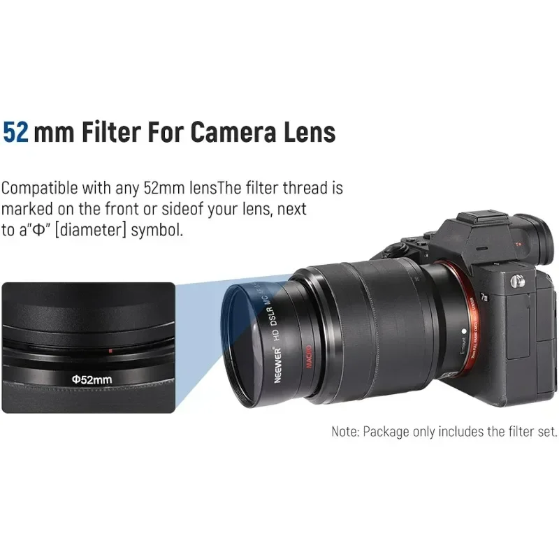 Wide angle/2.2X telephoto additional lens, (+1+2+4+10) close-up macro/ND/UV/CPL/FLD suitable for 52mm camera lenses.
Wide angle/2.2X telephoto additional lens, (+1+2+4+10) close-up macro/ND/UV/CPL/FLD suitable for 52mm camera lenses.