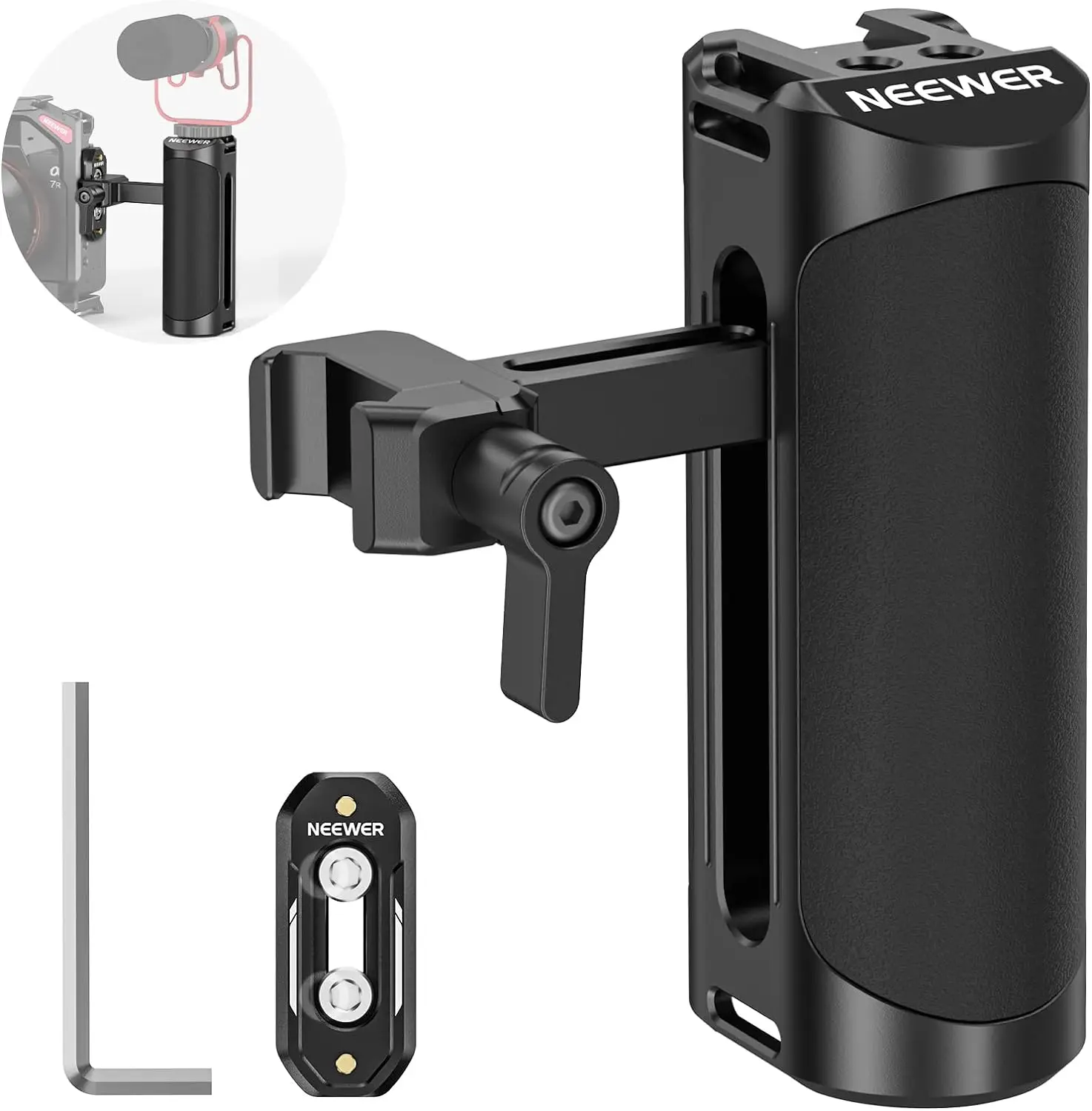 Side Handle Grip with up and Down Adjustable NATO Clamp, NATO Rail, Cold Shoe Mount, 1/4" Threads, Hex Key
Side Handle Grip with up and Down Adjustable NATO Clamp, NATO Rail, Cold Shoe Mount, 1/4" Threads, Hex Key