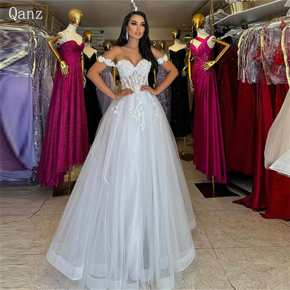 Qanz A-line Short Sleeves Wedding Dress Sweetheart Off the Shoulder White Tulle Appliques Bridal Dress Back Zipper Wedding Gowns
Qanz A-line Short Sleeves Wedding Dress Sweetheart Off the Shoulder White Tulle Appliques Bridal Dress Back Zipper Wedding Gowns