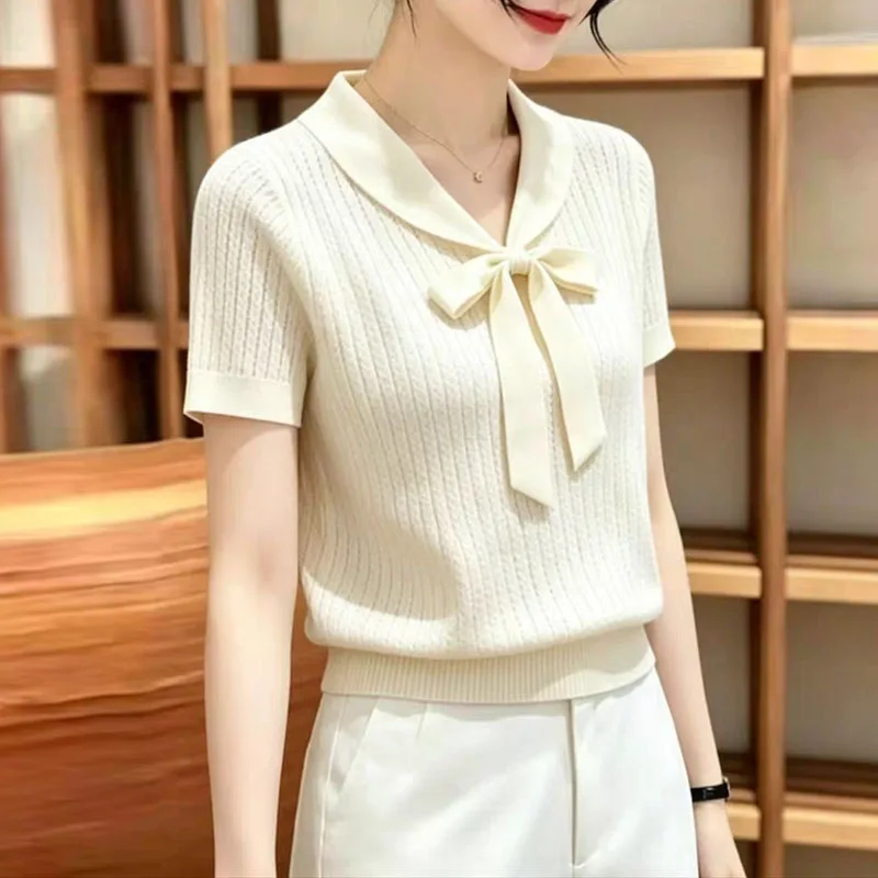 Knitted Sweater Women Pullovers New Summer Bow Collar White Knit Sweater Pullover Women Tops Short Sleeve Sueters De Mujer Q5570
Knitted Sweater Women Pullovers New Summer Bow Collar White Knit Sweater Pullover Women Tops Short Sleeve Sueters De Mujer Q5570