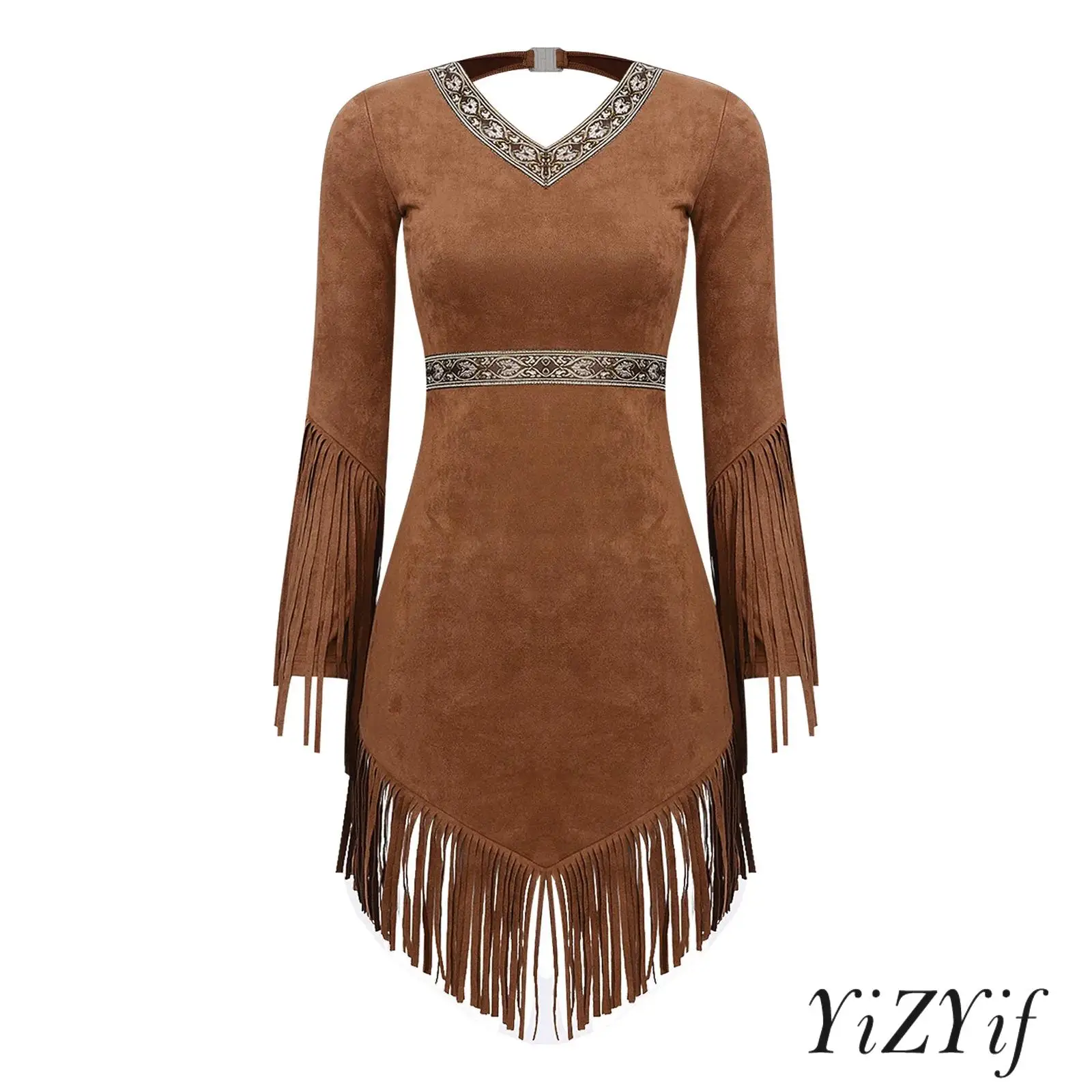 Women Primitive Native Cosplay Fringed Dress Back Cutout Long Sleeve Retro Brocade Tassel Irregular Hem Dress Halloween Costume
Women Primitive Native Cosplay Fringed Dress Back Cutout Long Sleeve Retro Brocade Tassel Irregular Hem Dress Halloween Costume