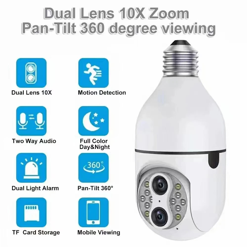 4MP 10X Zoom Dual Lens E27 Lamp Head Socket Wireless PTZ IP Dome Camera Full Color Night Vision Home Security CCTV Monitor
4MP 10X Zoom Dual Lens E27 Lamp Head Socket Wireless PTZ IP Dome Camera Full Color Night Vision Home Security CCTV Monitor