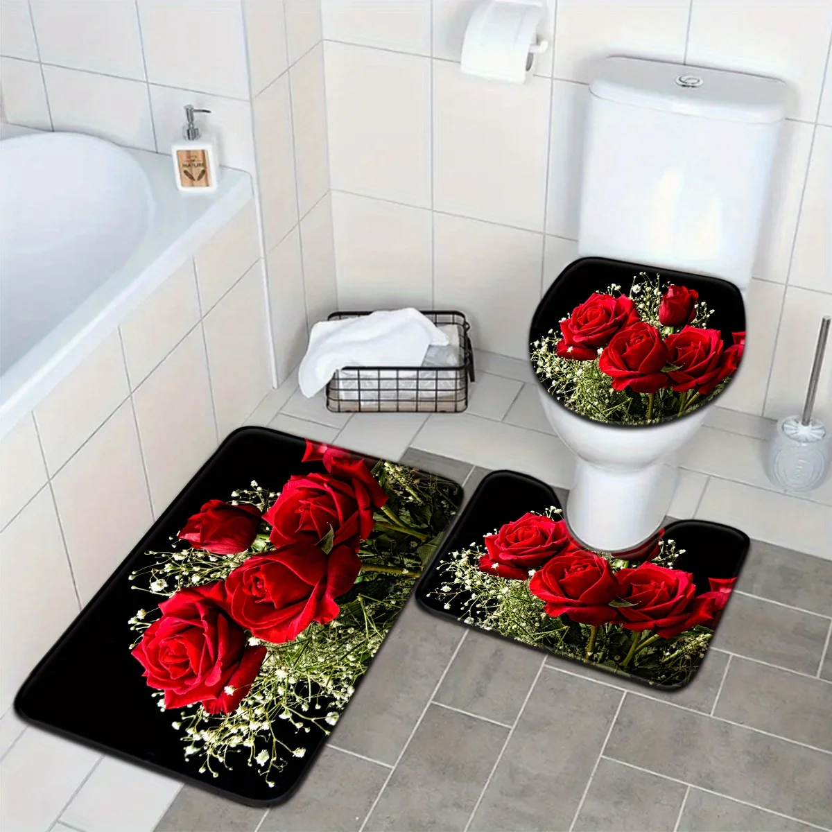 3pcs Valentine’s Day Bathroom Mat Set, Red Rose & Gypsophila Pattern, Non-Slip Toilet Seat Ring & U-Shaped Floor Pad
3pcs Valentine’s Day Bathroom Mat Set, Red Rose & Gypsophila Pattern, Non-Slip Toilet Seat Ring & U-Shaped Floor Pad