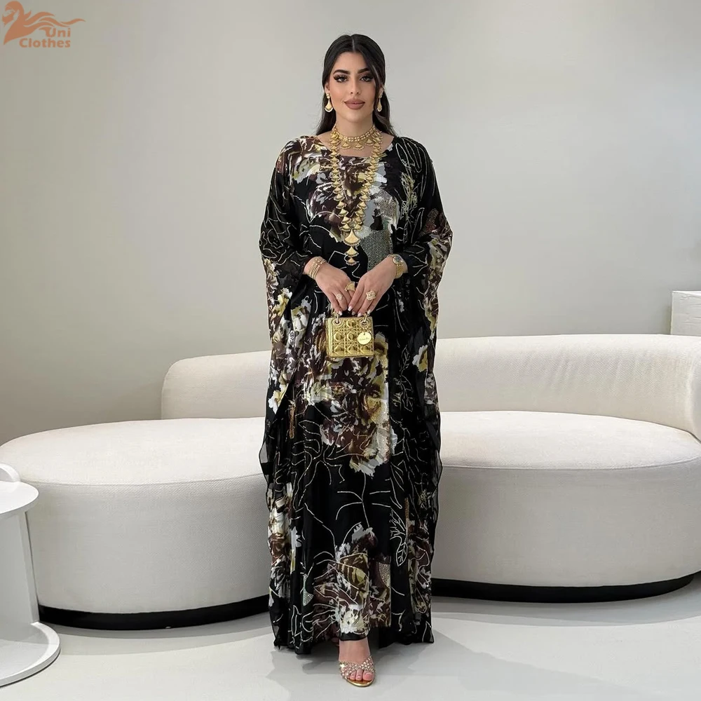 Summer 2025 Muslim Chiffon Dress Rhinestone Bat Sleeve Floral Print Modest Evening Party Gown for Women
Summer 2025 Muslim Chiffon Dress Rhinestone Bat Sleeve Floral Print Modest Evening Party Gown for Women
