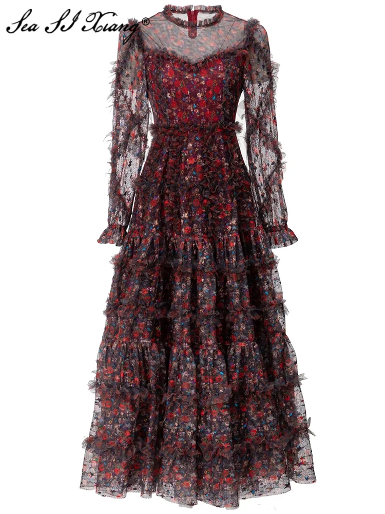Seasixiang Fashion Designer Autumn Mesh Dress Women O-Neck Lantern Sleeve Ruffles Flower Print Vintage Party Long Dresses
Seasixiang Fashion Designer Autumn Mesh Dress Women O-Neck Lantern Sleeve Ruffles Flower Print Vintage Party Long Dresses