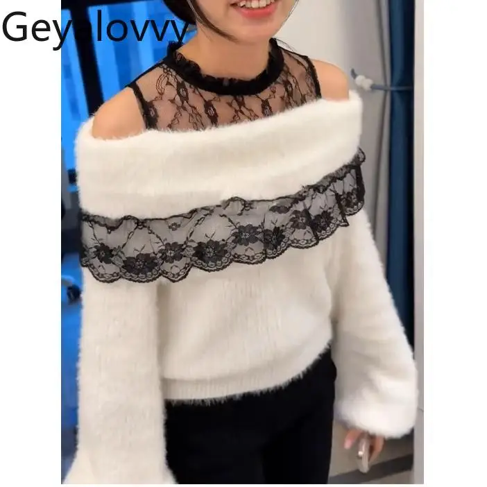 Japanese Style Sweet Fluffy Lace Off-Shoulder Sweater Tops for Women Fashion Women's Pullover Sweaters Autumn Winter
Japanese Style Sweet Fluffy Lace Off-Shoulder Sweater Tops for Women Fashion Women's Pullover Sweaters Autumn Winter