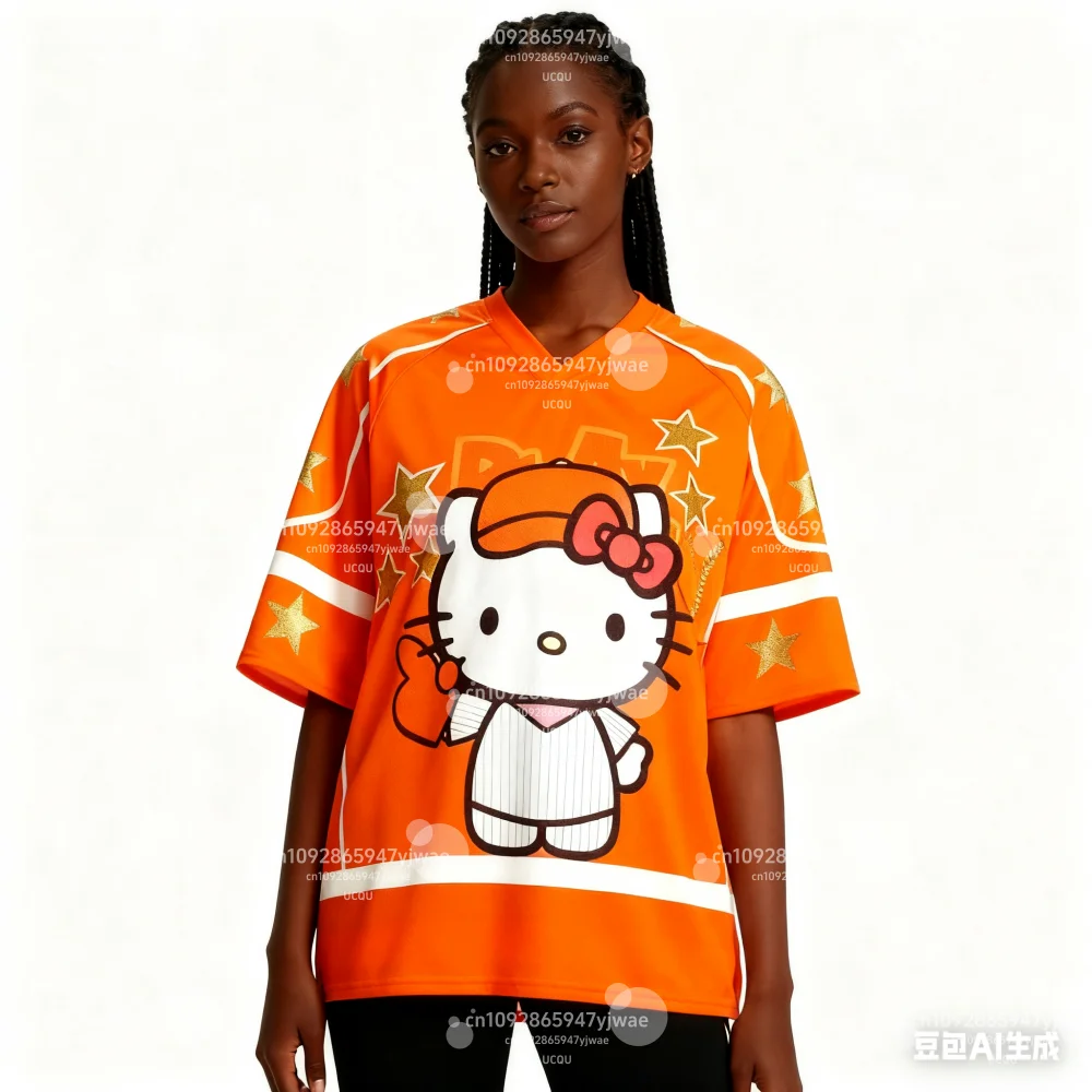 2025 SUMMER Women Hello Kitty Print Lightweight Breathable V-Neck Short Sleeved baseball T-Shirt Women Jersey T-Shirt
2025 SUMMER Women Hello Kitty Print Lightweight Breathable V-Neck Short Sleeved baseball T-Shirt Women Jersey T-Shirt