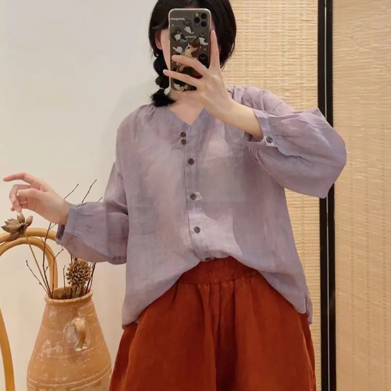 Johnature Retro Casual Ramie Light Purple Shirt For Women Spring Summer 2024 Thin Sun Protection Clothing Loose Tops New
Johnature Retro Casual Ramie Light Purple Shirt For Women Spring Summer 2024 Thin Sun Protection Clothing Loose Tops New