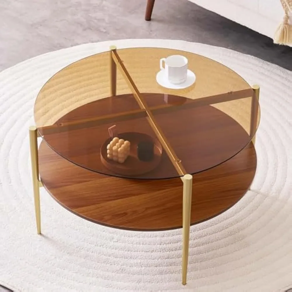 Round Coffee Table, Mid-Century Modern Design,for Living Room, 2-Tier Structure, Amber Glass Top and Walnut Coffee Table
Round Coffee Table, Mid-Century Modern Design,for Living Room, 2-Tier Structure, Amber Glass Top and Walnut Coffee Table