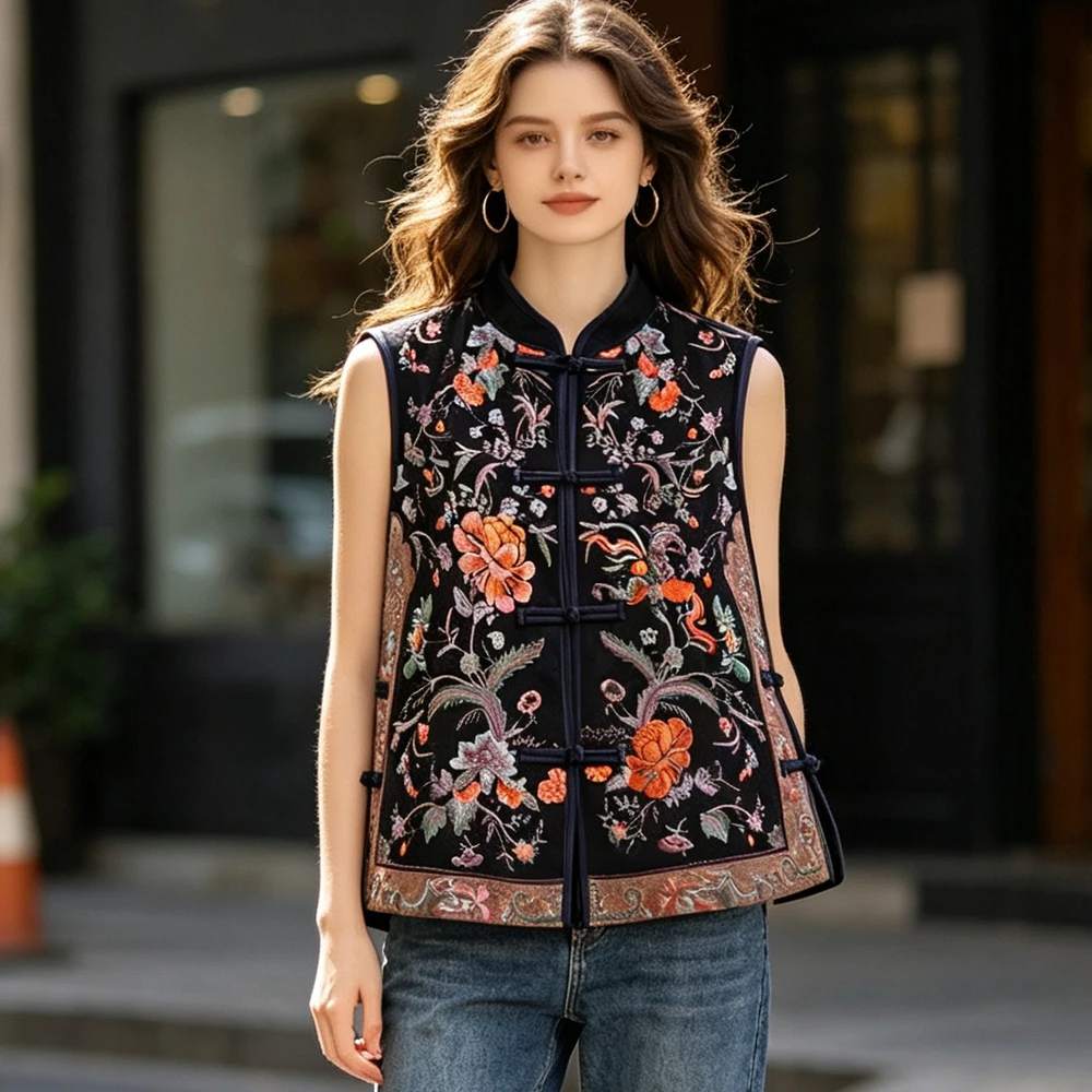 New Chinese National Style Cotton Linen Flower Embroidery Vest Womens Sleeveless Coat Stand Collar Waistvest Cheongsam Top
New Chinese National Style Cotton Linen Flower Embroidery Vest Womens Sleeveless Coat Stand Collar Waistvest Cheongsam Top