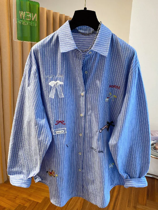 plus Size Women's Shirt Knot Embroidered Stripes Thin Sun Protection Spring Summer Korean Style Loose Fit Long Sleeve
plus Size Women's Shirt Knot Embroidered Stripes Thin Sun Protection Spring Summer Korean Style Loose Fit Long Sleeve