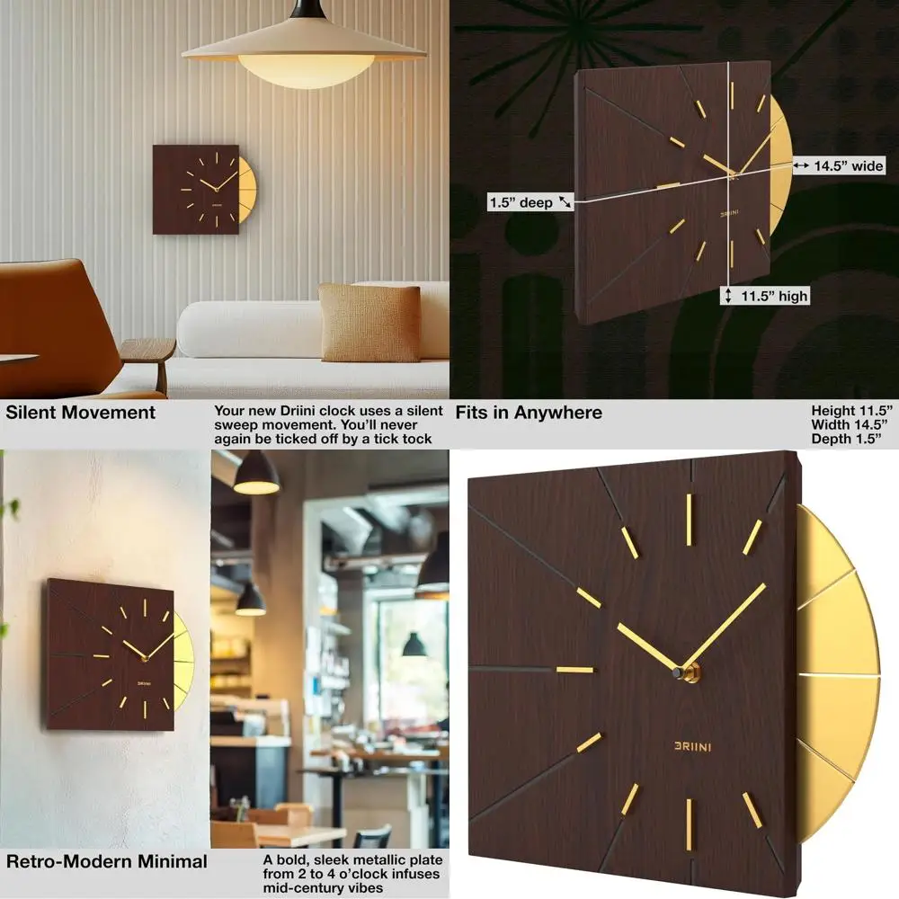 Mid-Century Modern Square Wooden Wall Clock with Gold Accents - Unique, Cool, Battery-Powered Timepiece for Vintage Decor
Mid-Century Modern Square Wooden Wall Clock with Gold Accents - Unique, Cool, Battery-Powered Timepiece for Vintage Decor