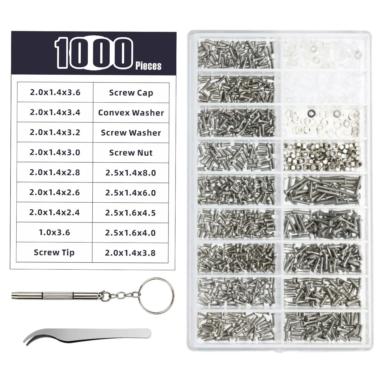 1000pcs Stainless Steel Micro Screw Set Kit Precision Screwdriver Tools for Glasses Sunglasses Watches Phones Tablets
1000pcs Stainless Steel Micro Screw Set Kit Precision Screwdriver Tools for Glasses Sunglasses Watches Phones Tablets