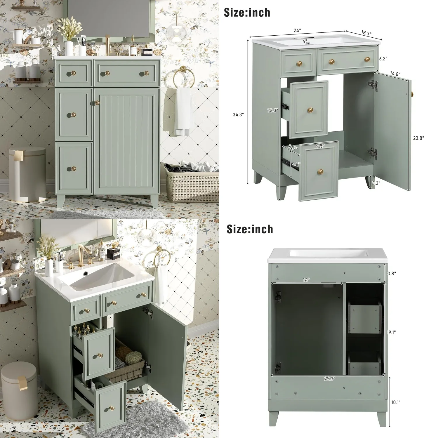 24in Bathroom Vanity Ceramic Sink 2 Drawer 1 Door Green Customized
24in Bathroom Vanity Ceramic Sink 2 Drawer 1 Door Green Customized