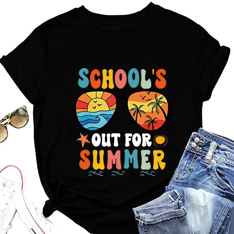 Fashion casual short-sleeved T-shirt school's out for summer printed crew-neck loose top
Fashion casual short-sleeved T-shirt school's out for summer printed crew-neck loose top