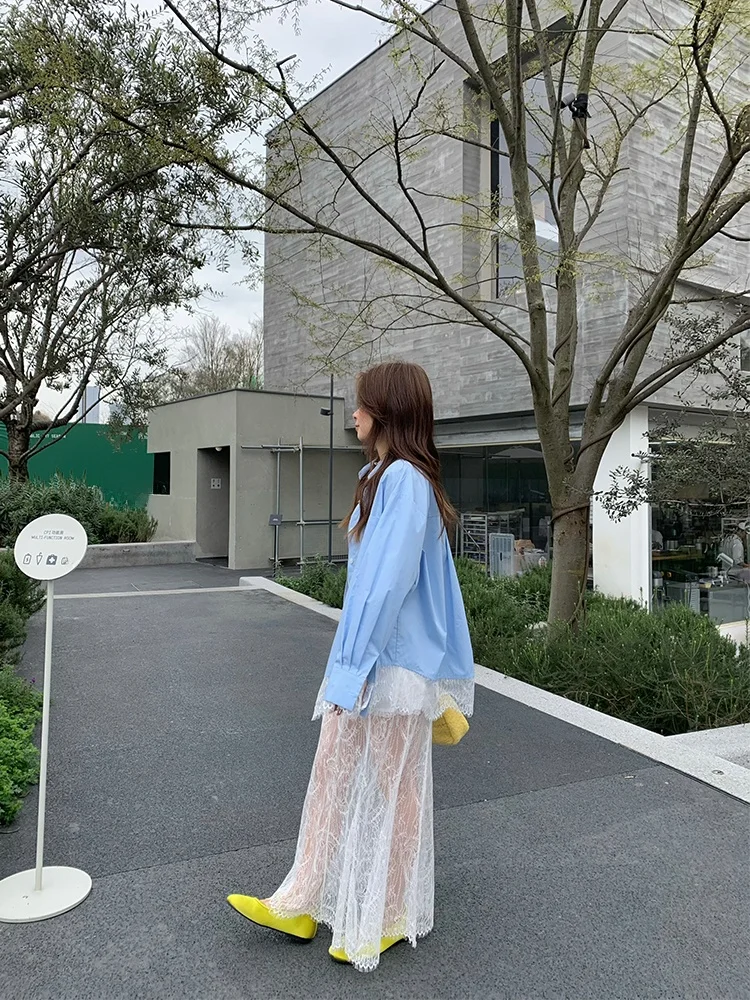 Blue Lace Trim Shirt And Lace Fish Tail Skirt Two Piece Set by Damei for Young Women Breathable Polyester Spring Collection
Blue Lace Trim Shirt And Lace Fish Tail Skirt Two Piece Set by Damei for Young Women Breathable Polyester Spring Collection