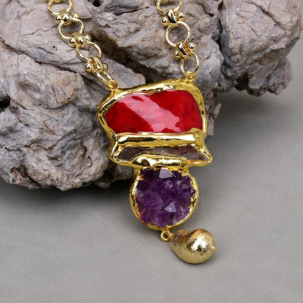 GG Red Coral Amethyst Druzy Quartz Brushed Bead Pendant Gold Plated Chain Long Necklace Sweater chain 24''
GG Red Coral Amethyst Druzy Quartz Brushed Bead Pendant Gold Plated Chain Long Necklace Sweater chain 24''