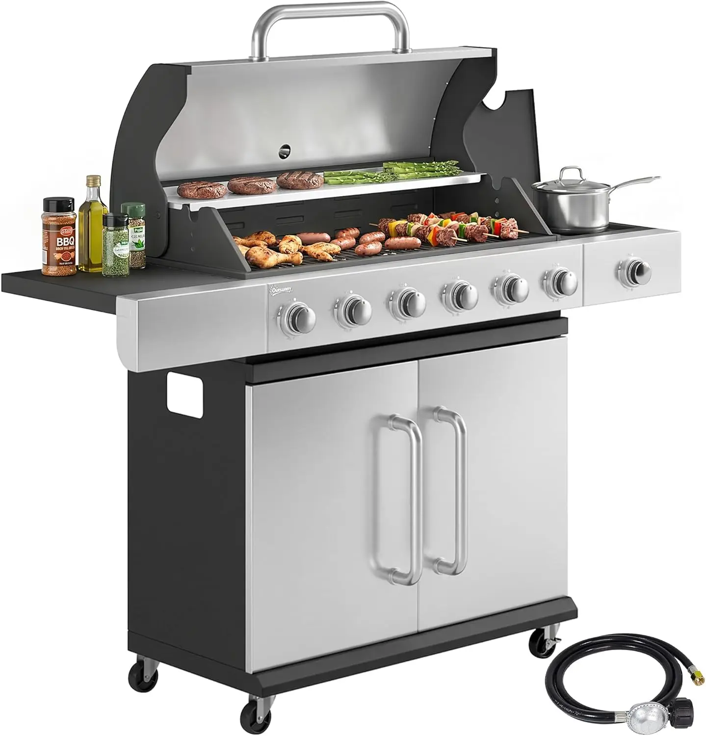 6 Burner Propane Gas Grill with Side Burner, 63,000 BTU Stainless Steel Barbecue Grill with Cast Iron Grates, Wheels, Warming R
6 Burner Propane Gas Grill with Side Burner, 63,000 BTU Stainless Steel Barbecue Grill with Cast Iron Grates, Wheels, Warming R