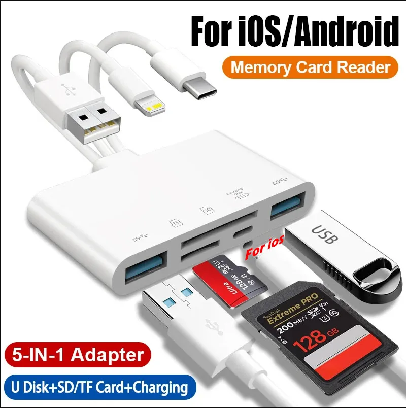 USB OTG устройство для чтения карт памяти 5 в 1, адаптер с портом для зарядки для iOS/SD/TF, iPhone/iPad/Xiaomi/Samsung/Huawei/MacBook
USB OTG устройство для чтения карт памяти 5 в 1, адаптер с портом для зарядки для iOS/SD/TF, iPhone/iPad/Xiaomi/Samsung/Huawei/MacBook
