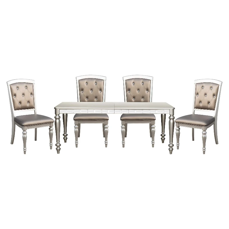 Gorgeous silver-finish rectangular dining table with pull-out leaf-shaped mirror-trimmed apron, dining room furniture
Gorgeous silver-finish rectangular dining table with pull-out leaf-shaped mirror-trimmed apron, dining room furniture