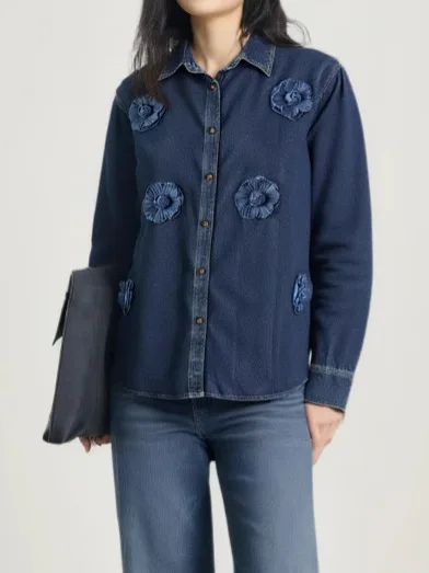 Loose Women's Denim irt Floral Decorated Hong Kong Sle Outerwear Cotton Basic Straight Cut Warm Thin Six Sve Length 
Loose Women's Denim irt Floral Decorated Hong Kong Sle Outerwear Cotton Basic Straight Cut Warm Thin Six Sve Length