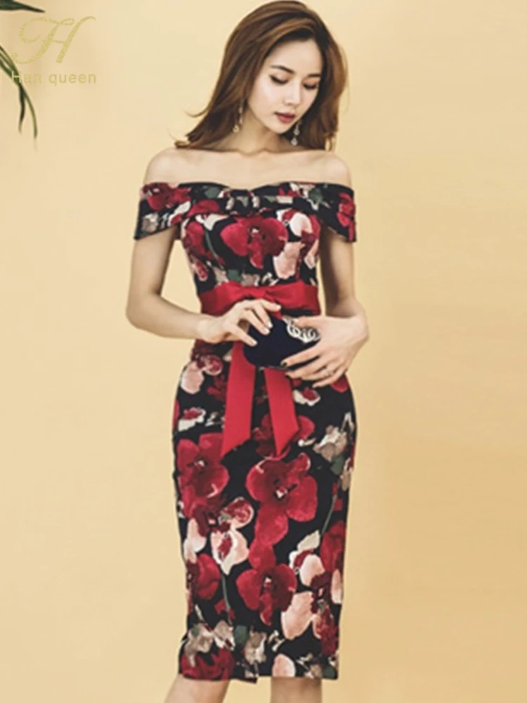 H Han Queen Hot sale Summer Women's Retro Printed Pencil Dress Slash neck Bow Ladies Fashion Simple Sheath Bodycon Dresses
H Han Queen Hot sale Summer Women's Retro Printed Pencil Dress Slash neck Bow Ladies Fashion Simple Sheath Bodycon Dresses