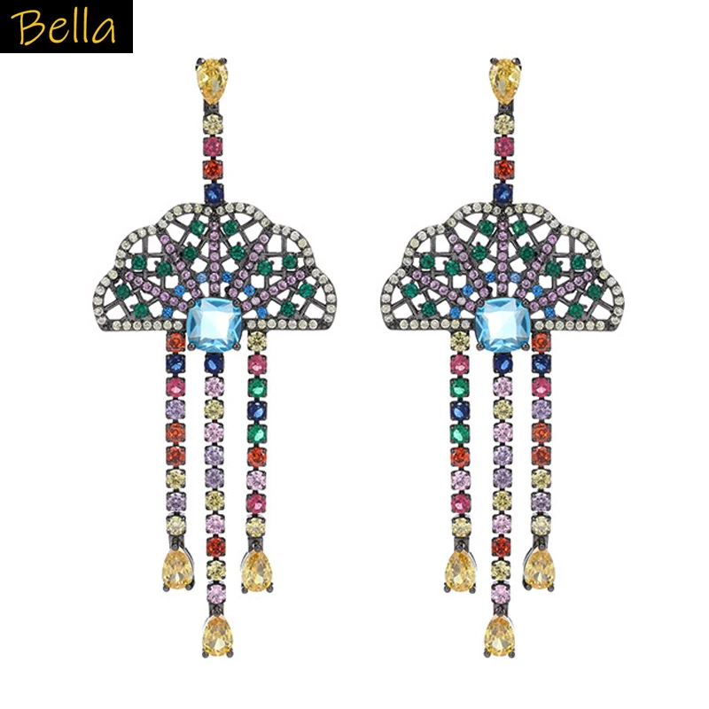 Chinese style earrings fan shape shiny zirconia jewelry black white colorful zircons long tassel chain dangling earrings
Chinese style earrings fan shape shiny zirconia jewelry black white colorful zircons long tassel chain dangling earrings