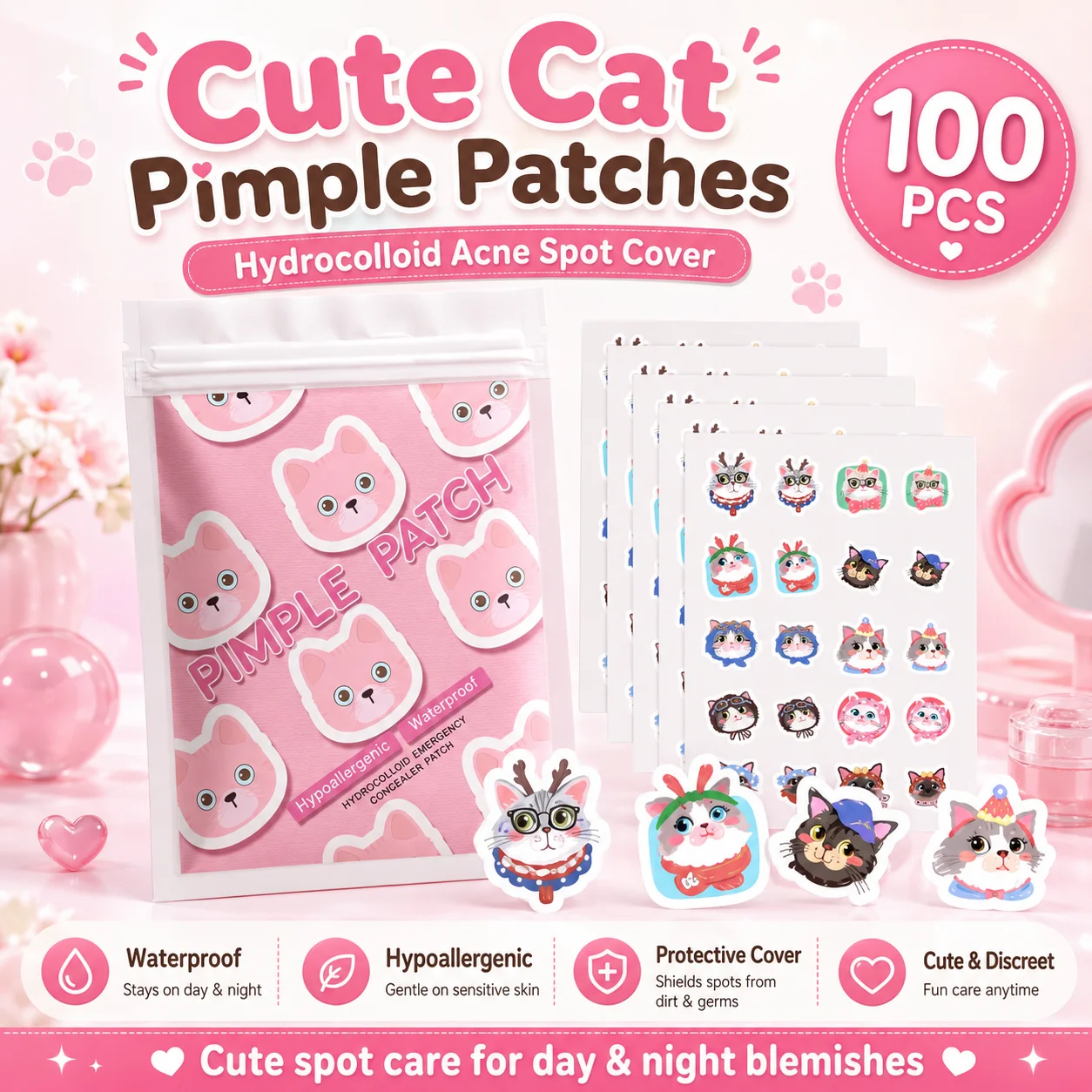 100pcs Cartoon acne patch, cute cat-shaped facial concealer acne patch, safe, non-toxic, gentle and non-irritating, suitable for
100pcs Cartoon acne patch, cute cat-shaped facial concealer acne patch, safe, non-toxic, gentle and non-irritating, suitable for