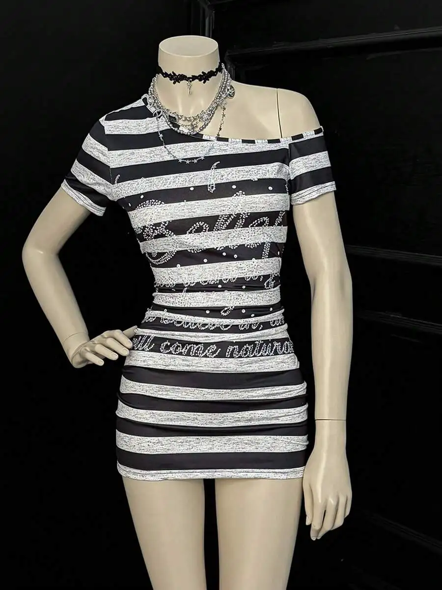 Womens Striped Asymmetric Shoulder Rhinestone Embellished Mini Dress
Womens Striped Asymmetric Shoulder Rhinestone Embellished Mini Dress